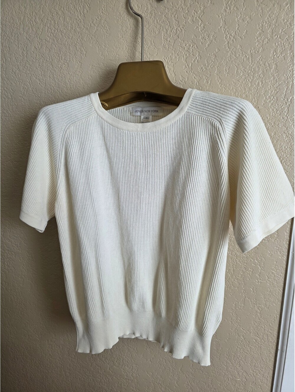 Jones NY Women's Cream Ribbed Cotton Short Sleeve Sweater Size S Minimalist
